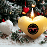 Christmas greenery with a warm glowing heart shaped candle bearing the Project Nic logo in front.