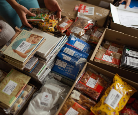 Stacks of needed supplies, and food