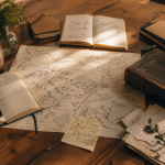 Overhead flat lay of a wooden table with a hand-drawn map, open notebooks, and handwritten notes in warm natural light