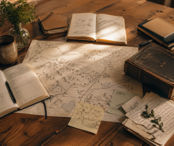 Overhead flat lay of a wooden table with a hand-drawn map, open notebooks, and handwritten notes in warm natural light