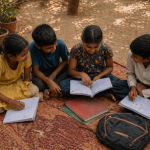 Children sitting together on a carpet in a shelter courtyard, working through homework in the afternoon