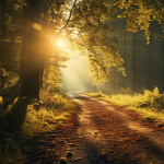 Trail path through wooded countryside in early morning light with soft mist, evoking a peaceful outdoor run