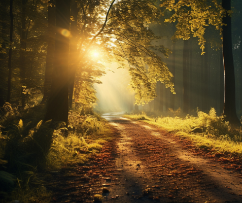 Trail path through wooded countryside in early morning light with soft mist, evoking a peaceful outdoor run