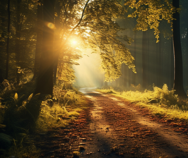 Trail path through wooded countryside in early morning light with soft mist, evoking a peaceful outdoor run