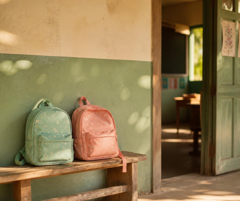 Two small children's backpacks resting side by side by a sunlit classroom doorway, representing two siblings safe and in school at a Project Nic shelter.