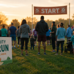 A modest, diverse group of runners and walkers gathered at the start of a community charity run in soft morning light.