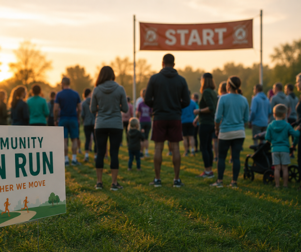 A modest, diverse group of runners and walkers gathered at the start of a community charity run in soft morning light.