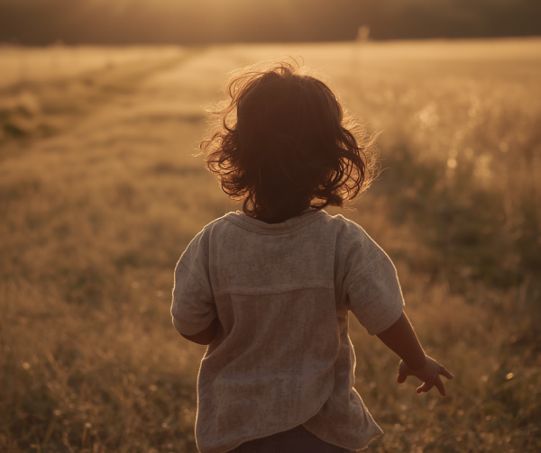 A young child runs through a sunlit open field, seen from behind, evoking freedom and safety.