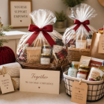 A table of beautifully wrapped gift baskets and donated auction items in warm light.