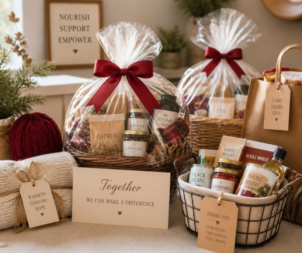 A table of beautifully wrapped gift baskets and donated auction items in warm light.