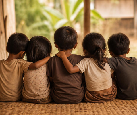 Several young children sit close together on a woven mat, seen from behind, a quiet image of belonging and community.