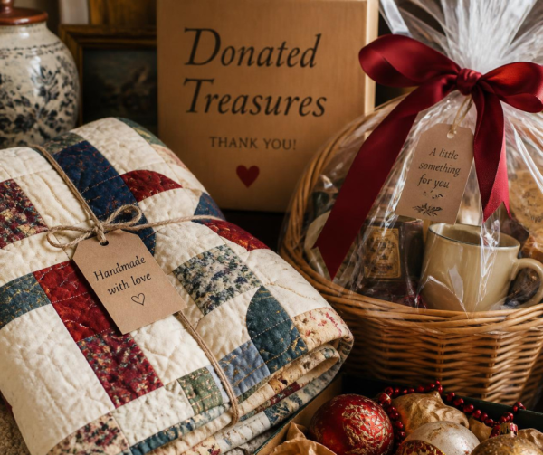 An assortment of donated auction items arranged together in warm light, conveying variety and generosity.