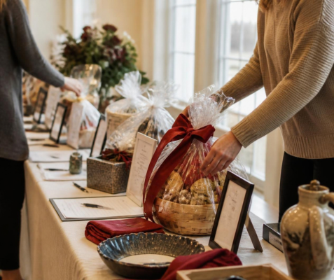 A long table of donated auction items being arranged before an event, lit by soft window light.