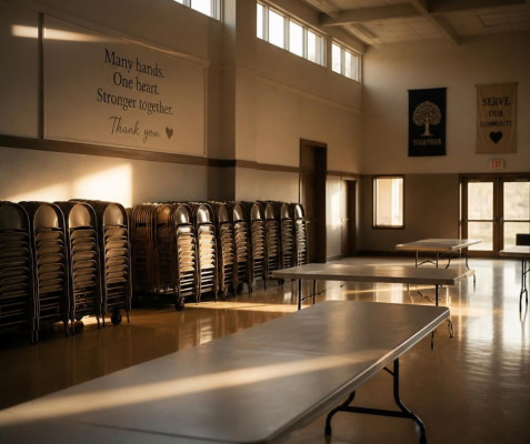 An empty community hall with stacked chairs and cleared tables in warm late-afternoon light.