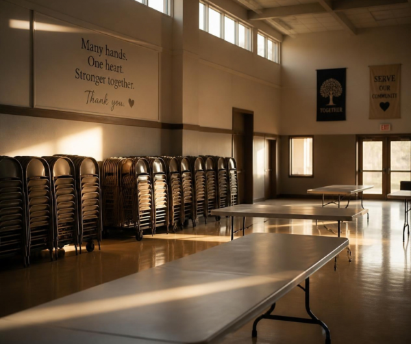 An empty community hall with stacked chairs and cleared tables in warm late-afternoon light.