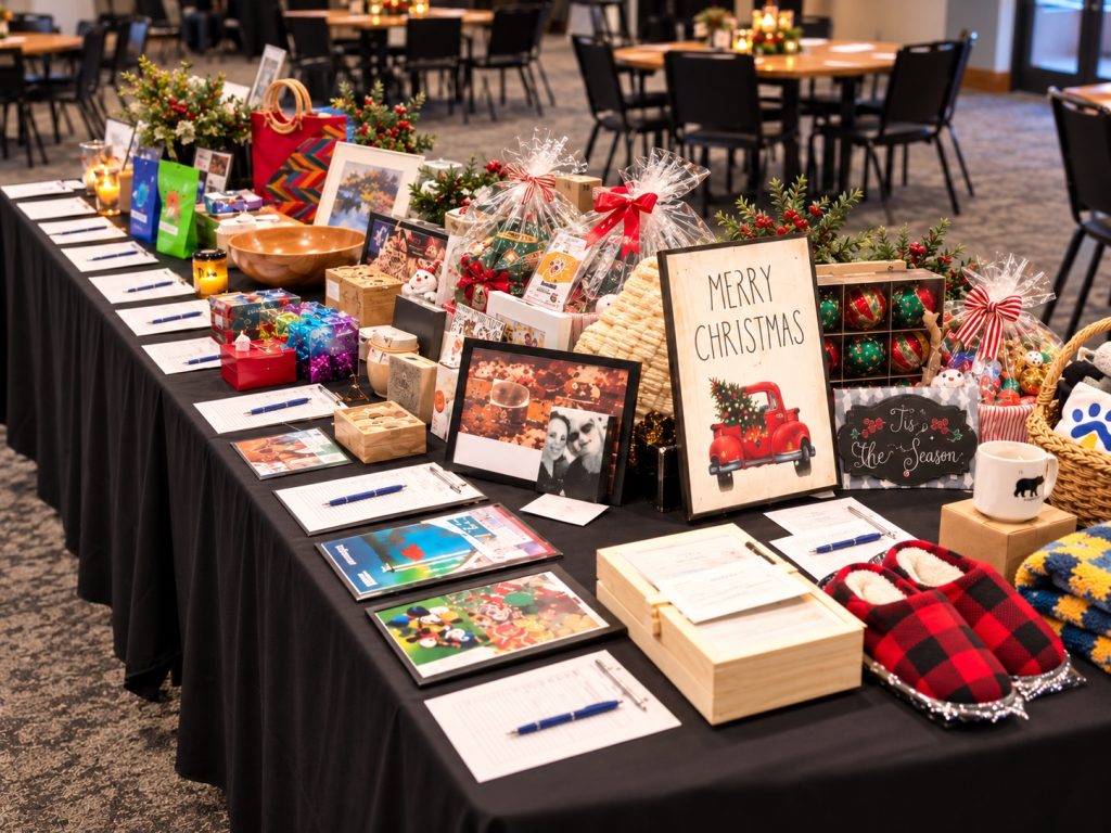 a table filled with auction donations